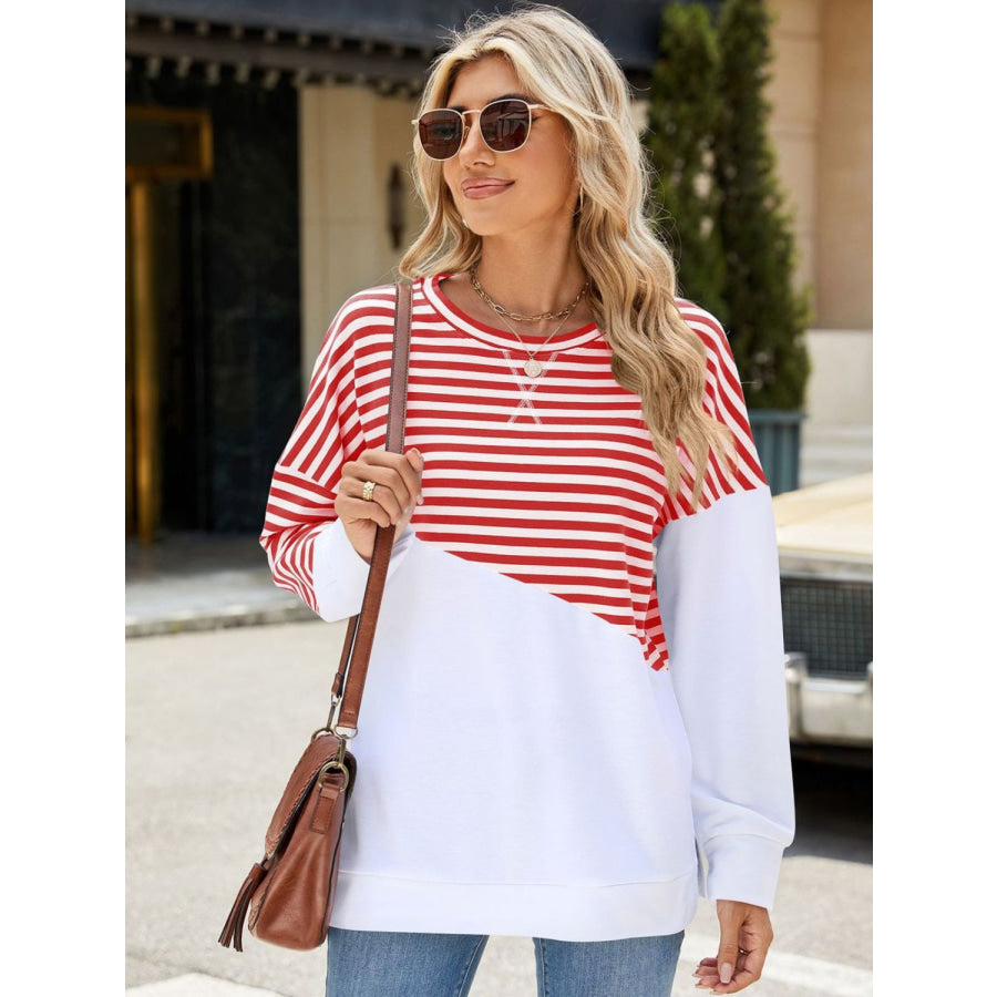 Slit Contrast Striped Long Sleeve Sweatshirt Apparel and Accessories