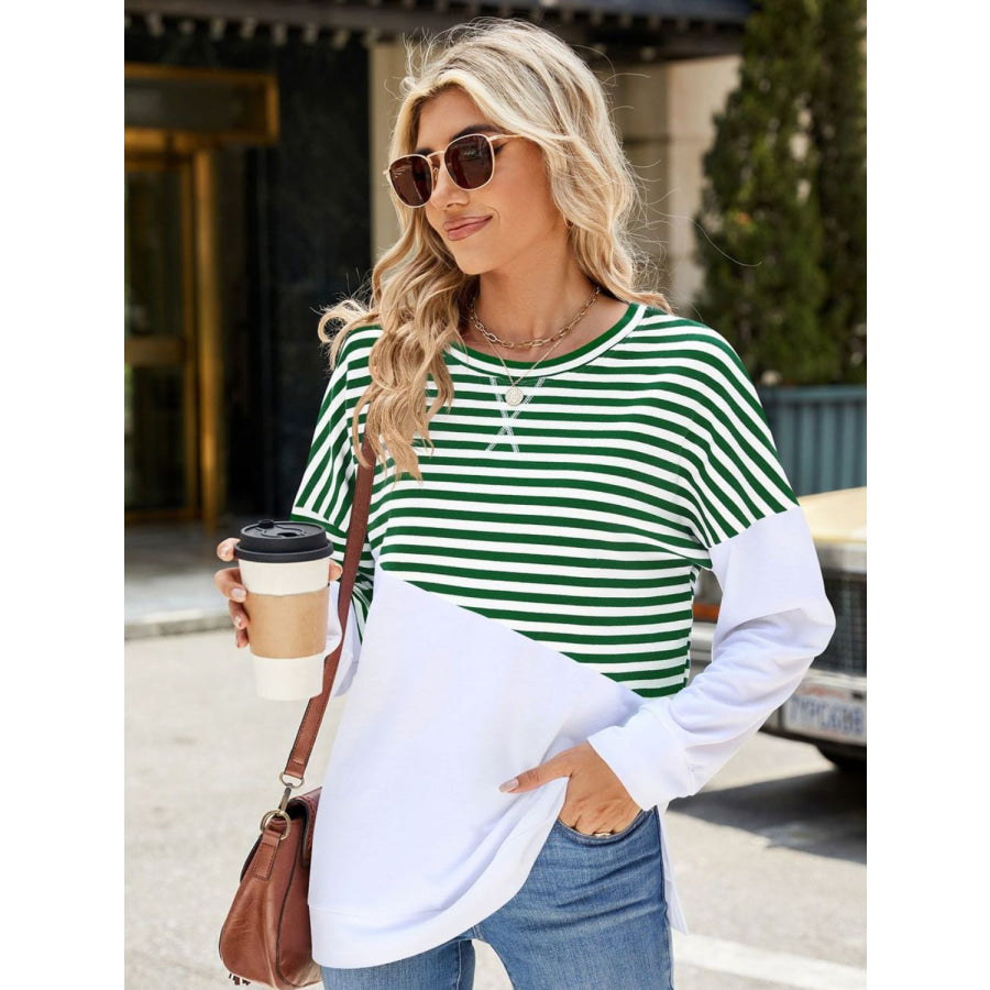 Slit Contrast Striped Long Sleeve Sweatshirt Black Forest / S Apparel and Accessories