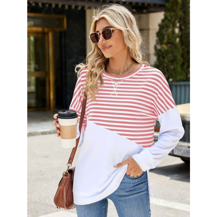 Slit Contrast Striped Long Sleeve Sweatshirt Blush Pink / S Apparel and Accessories
