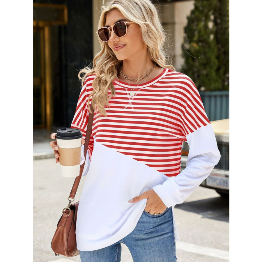 Slit Contrast Striped Long Sleeve Sweatshirt Scarlet / S Apparel and Accessories