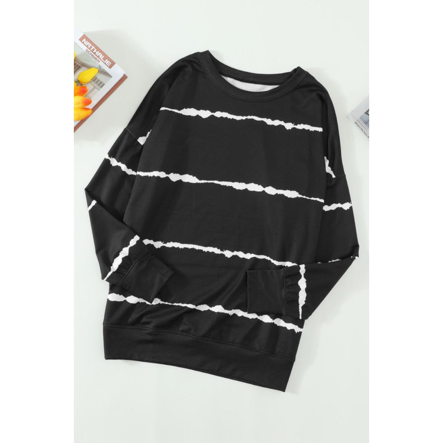 Slit Contrast Striped Round Neck Long Sleeve T-Shirt Apparel and Accessories