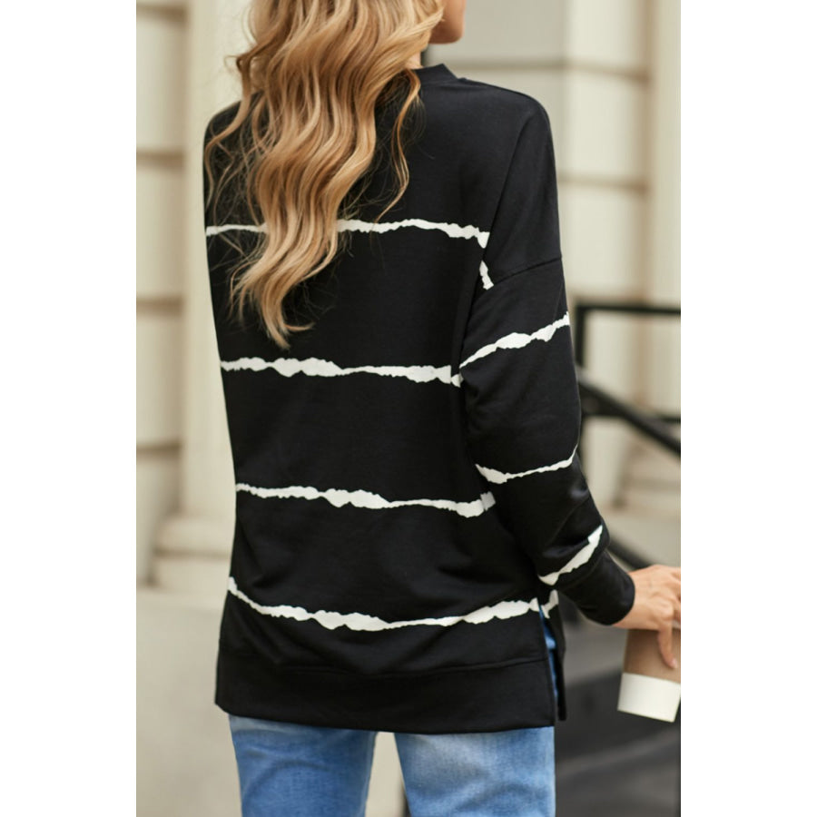 Slit Contrast Striped Round Neck Long Sleeve T-Shirt Apparel and Accessories