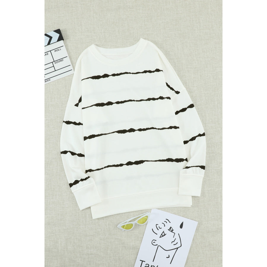 Slit Contrast Striped Round Neck Long Sleeve T-Shirt Apparel and Accessories