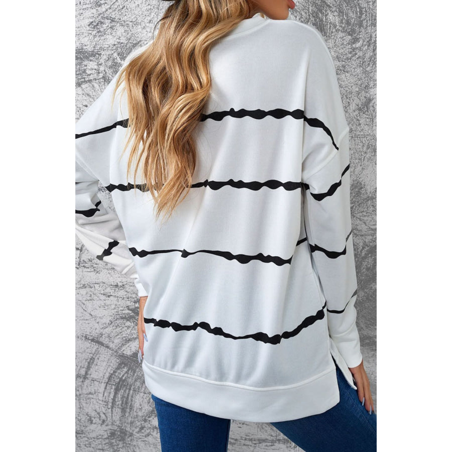 Slit Contrast Striped Round Neck Long Sleeve T-Shirt Apparel and Accessories