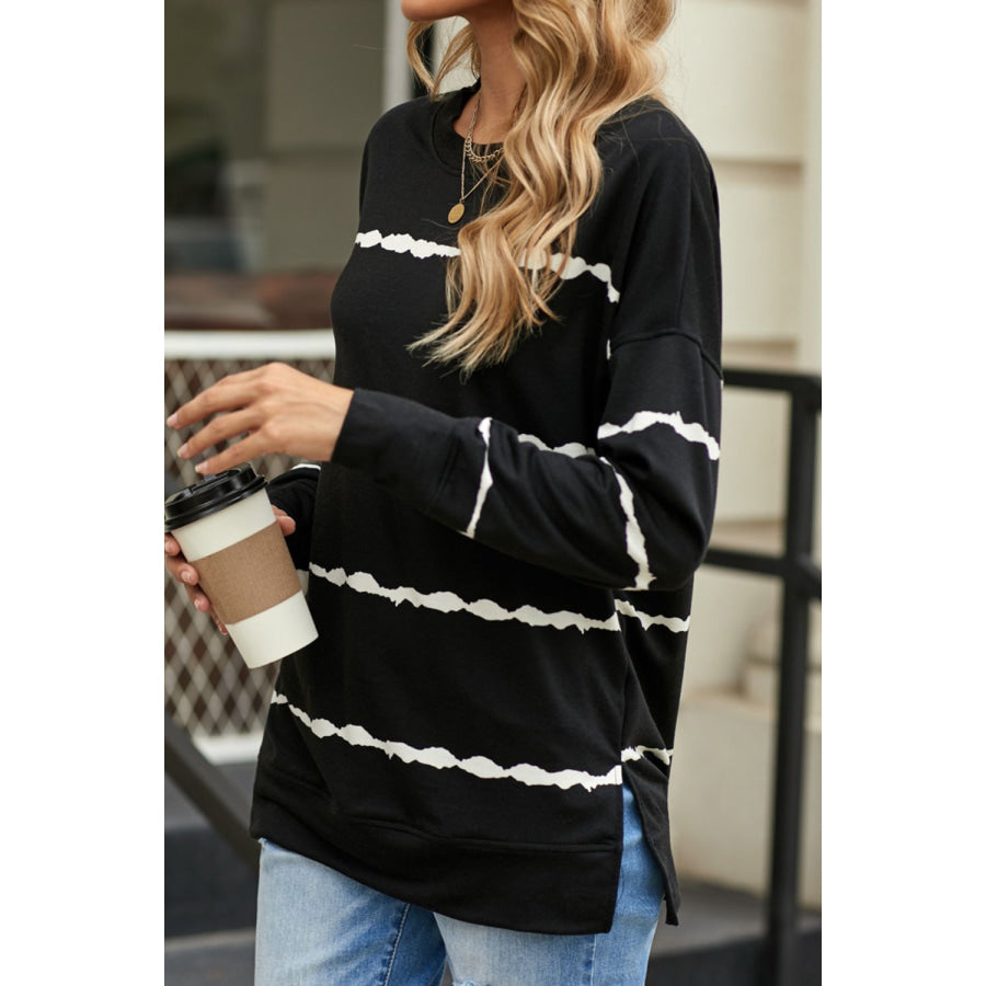 Slit Contrast Striped Round Neck Long Sleeve T-Shirt Apparel and Accessories