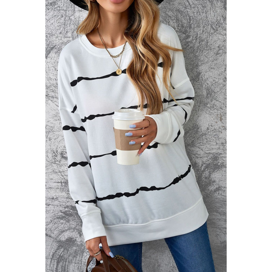 Slit Contrast Striped Round Neck Long Sleeve T-Shirt Apparel and Accessories