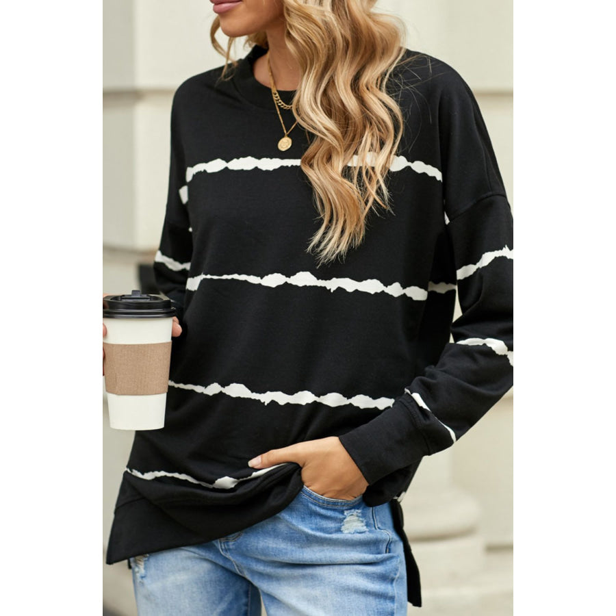 Slit Contrast Striped Round Neck Long Sleeve T-Shirt Apparel and Accessories