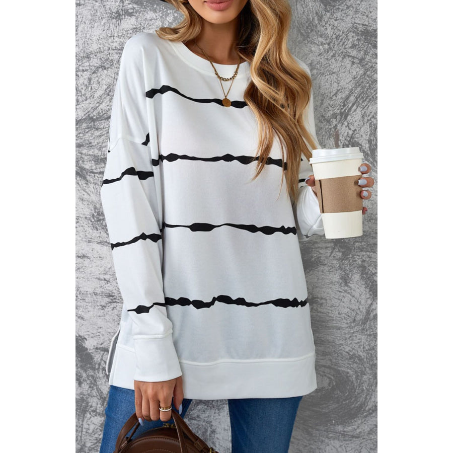 Slit Contrast Striped Round Neck Long Sleeve T-Shirt Apparel and Accessories