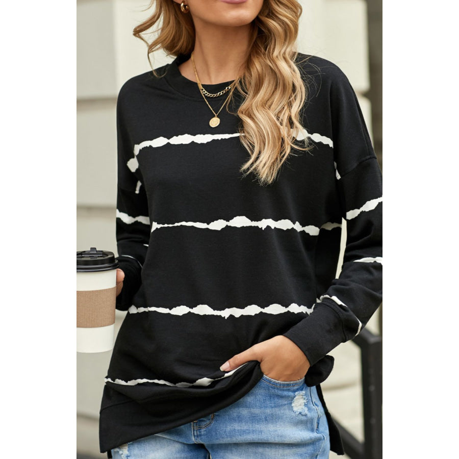 Slit Contrast Striped Round Neck Long Sleeve T-Shirt Black / S Apparel and Accessories