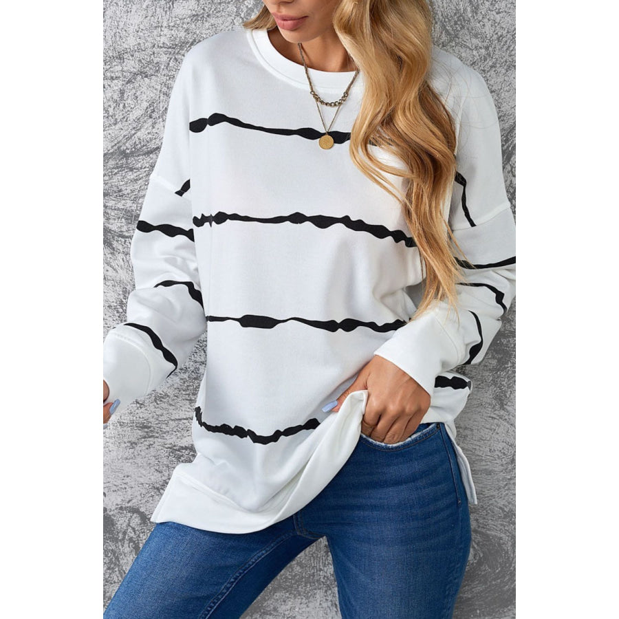 Slit Contrast Striped Round Neck Long Sleeve T-Shirt White / S Apparel and Accessories