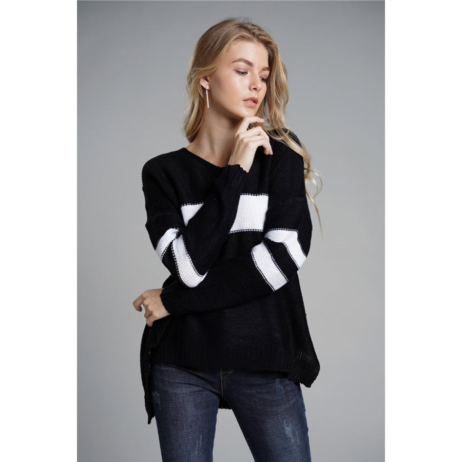 Slit Contrast V-Neck Long Sleeve Sweater Apparel and Accessories