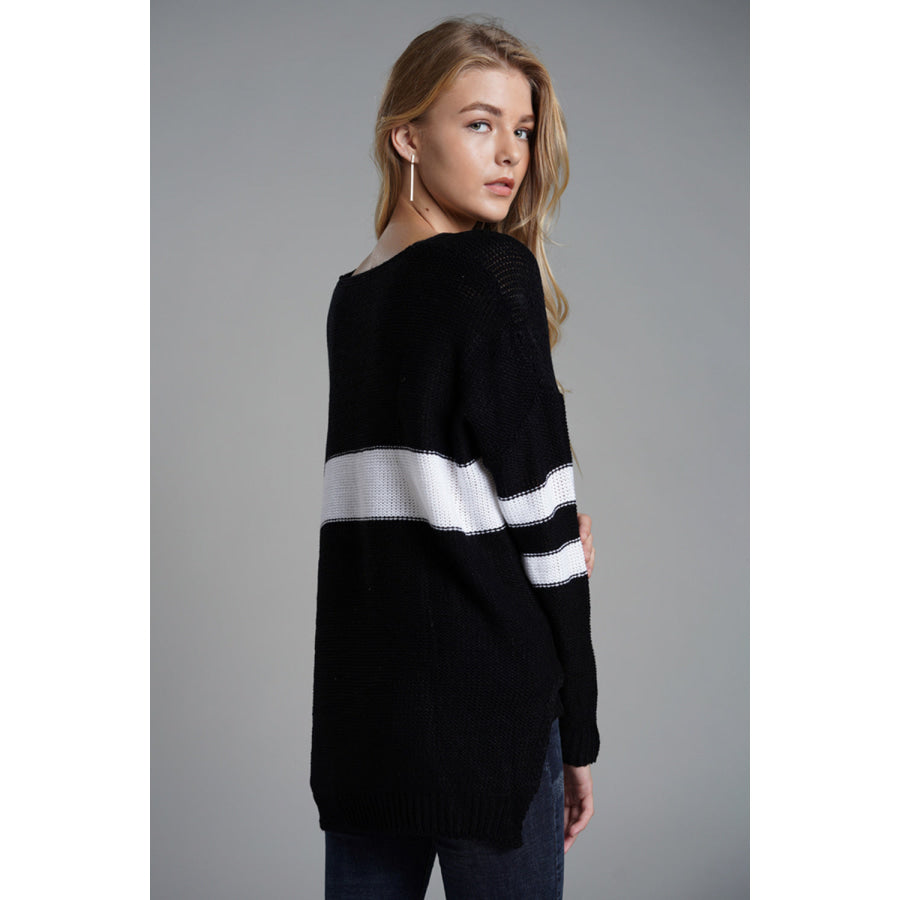 Slit Contrast V-Neck Long Sleeve Sweater Apparel and Accessories