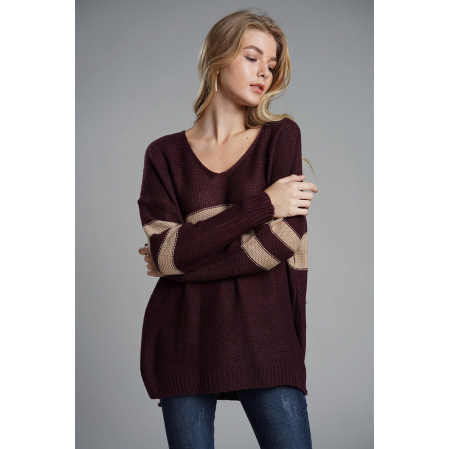 Slit Contrast V-Neck Long Sleeve Sweater Apparel and Accessories