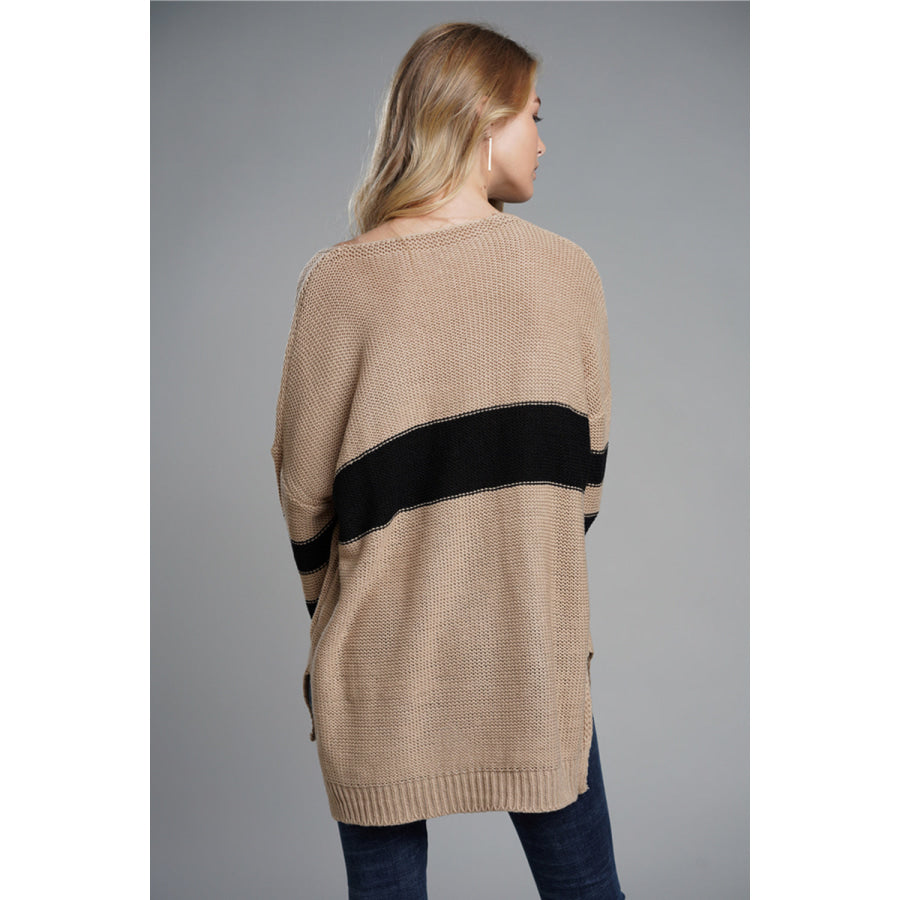 Slit Contrast V-Neck Long Sleeve Sweater Apparel and Accessories