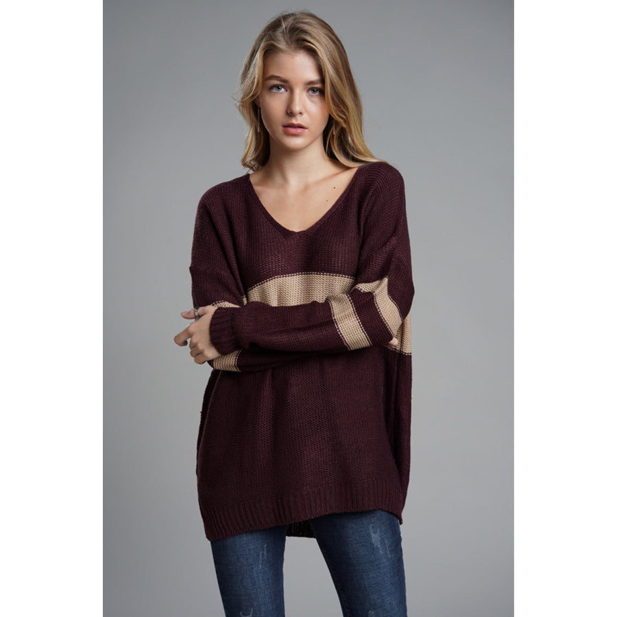 Slit Contrast V-Neck Long Sleeve Sweater Apparel and Accessories