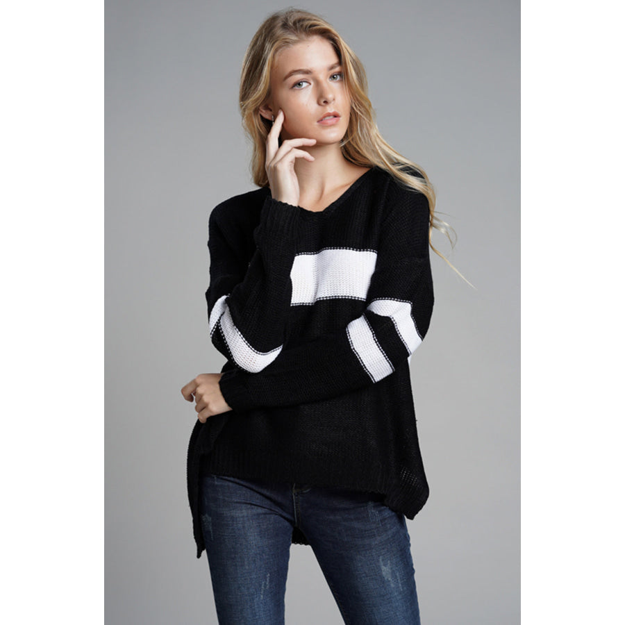 Slit Contrast V-Neck Long Sleeve Sweater Apparel and Accessories