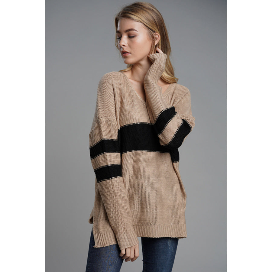 Slit Contrast V-Neck Long Sleeve Sweater Apparel and Accessories