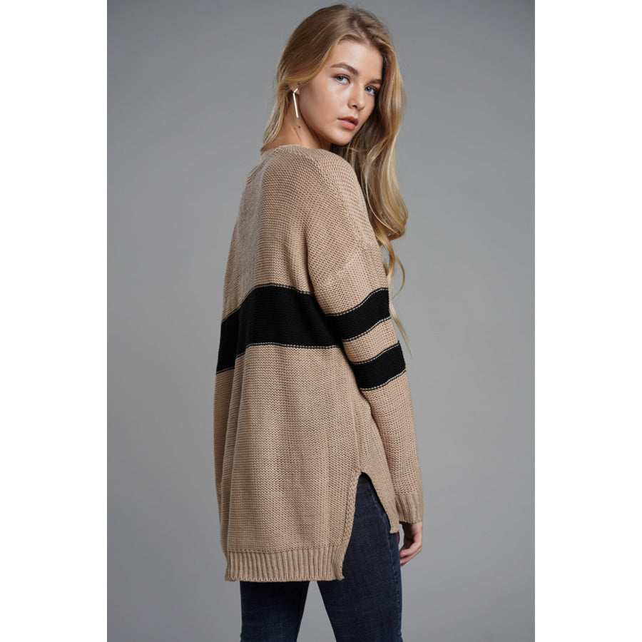 Slit Contrast V-Neck Long Sleeve Sweater Apparel and Accessories