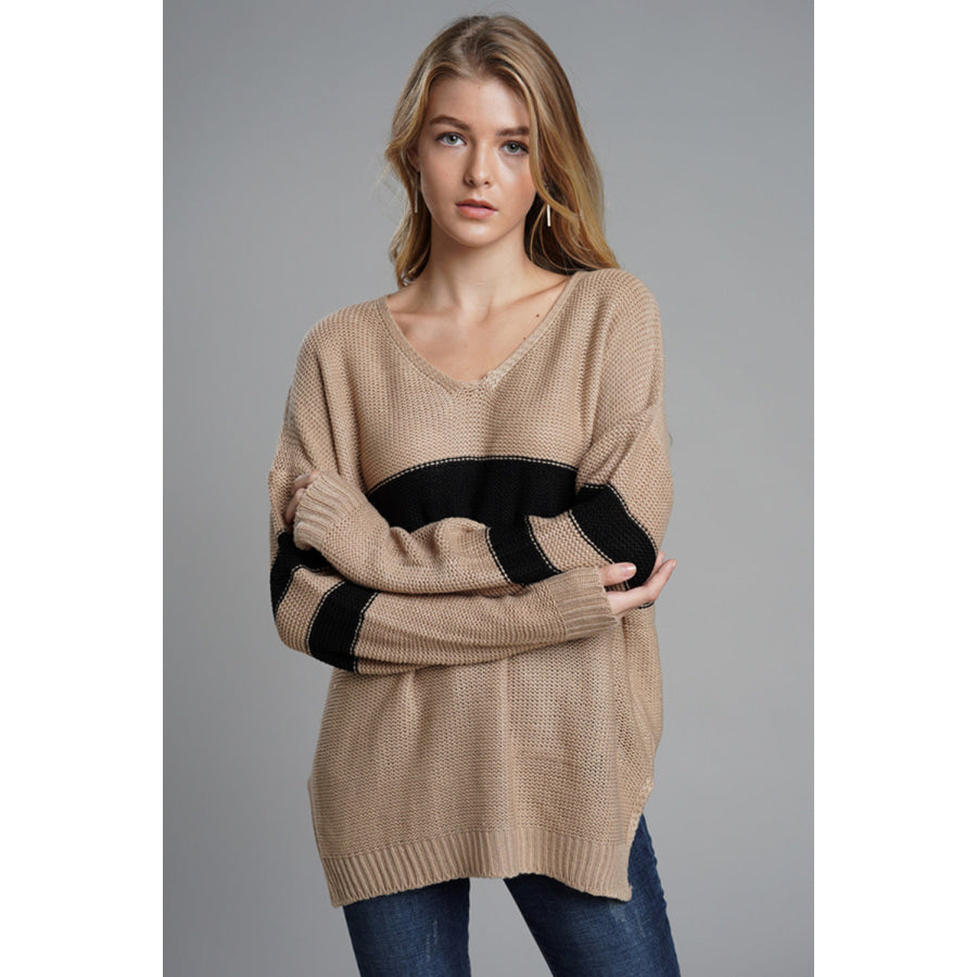 Slit Contrast V-Neck Long Sleeve Sweater Apparel and Accessories