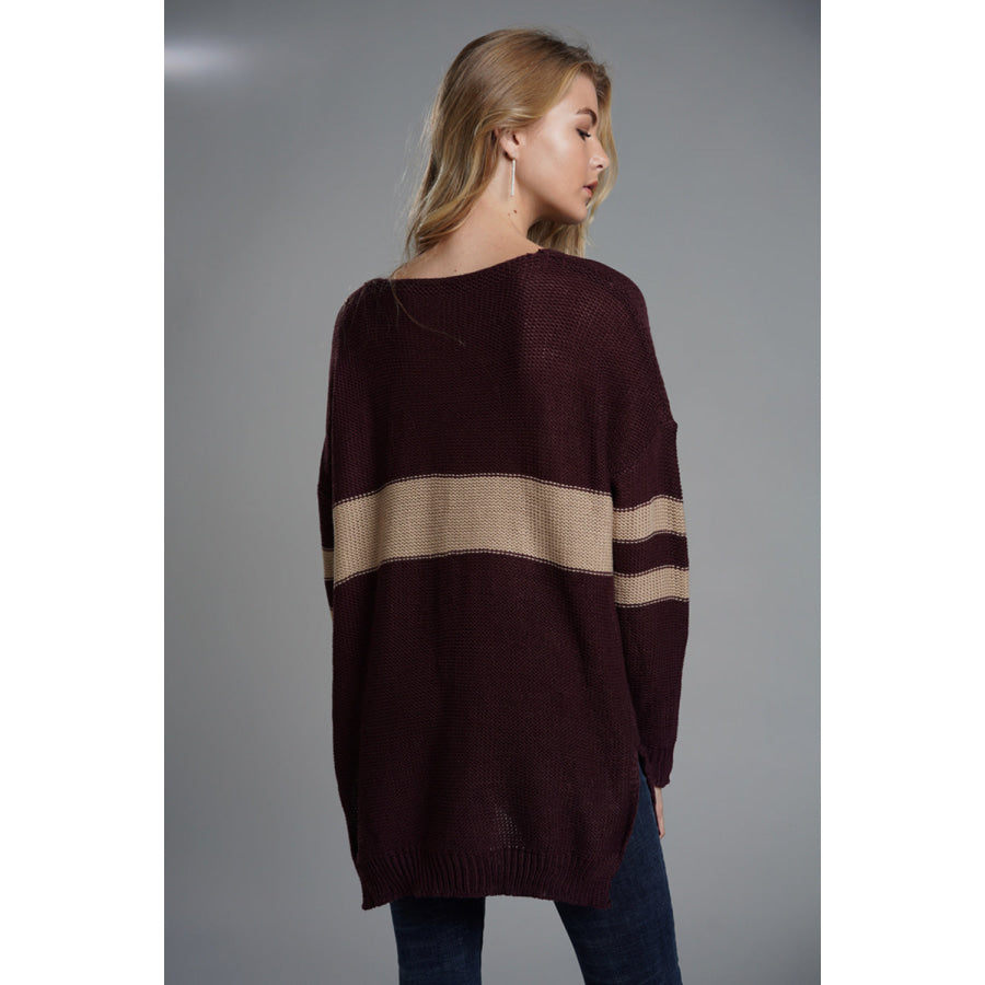 Slit Contrast V-Neck Long Sleeve Sweater Apparel and Accessories