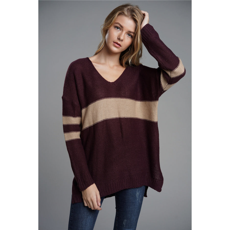 Slit Contrast V-Neck Long Sleeve Sweater Apparel and Accessories