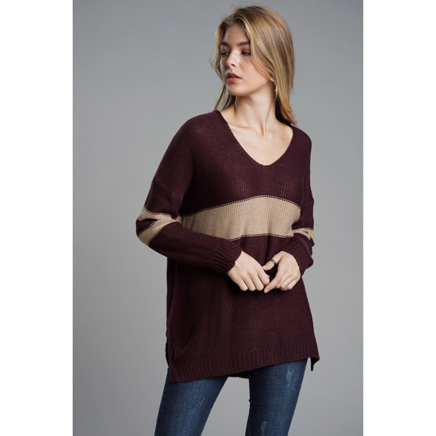 Slit Contrast V-Neck Long Sleeve Sweater Apparel and Accessories