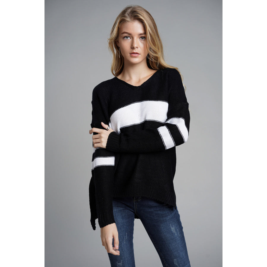 Slit Contrast V-Neck Long Sleeve Sweater Black / S Apparel and Accessories