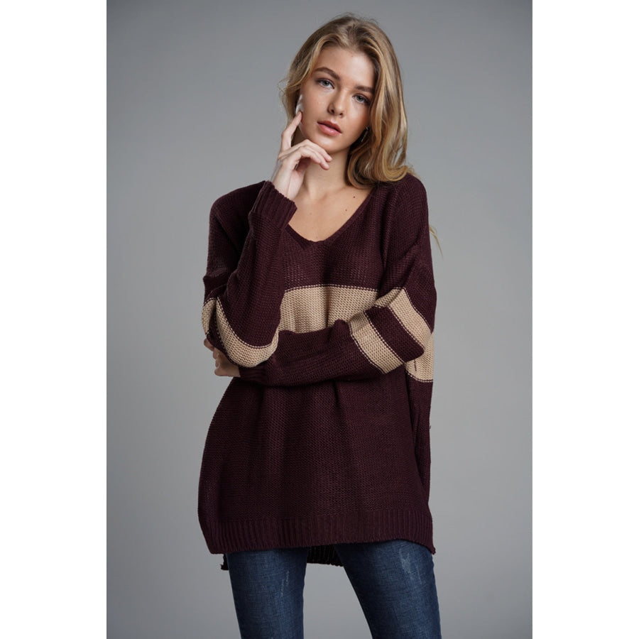 Slit Contrast V-Neck Long Sleeve Sweater Burgundy / S Apparel and Accessories