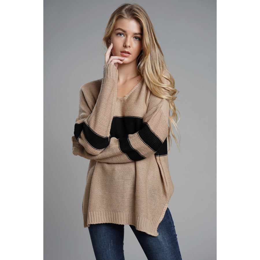 Slit Contrast V-Neck Long Sleeve Sweater Tan / S Apparel and Accessories