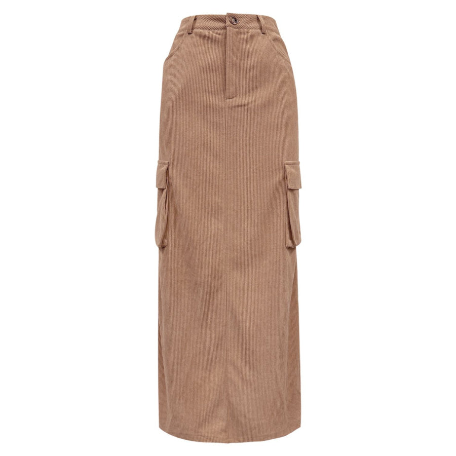 Slit Corduroy Maxi Skirt with Pockets Camel / S Apparel and Accessories