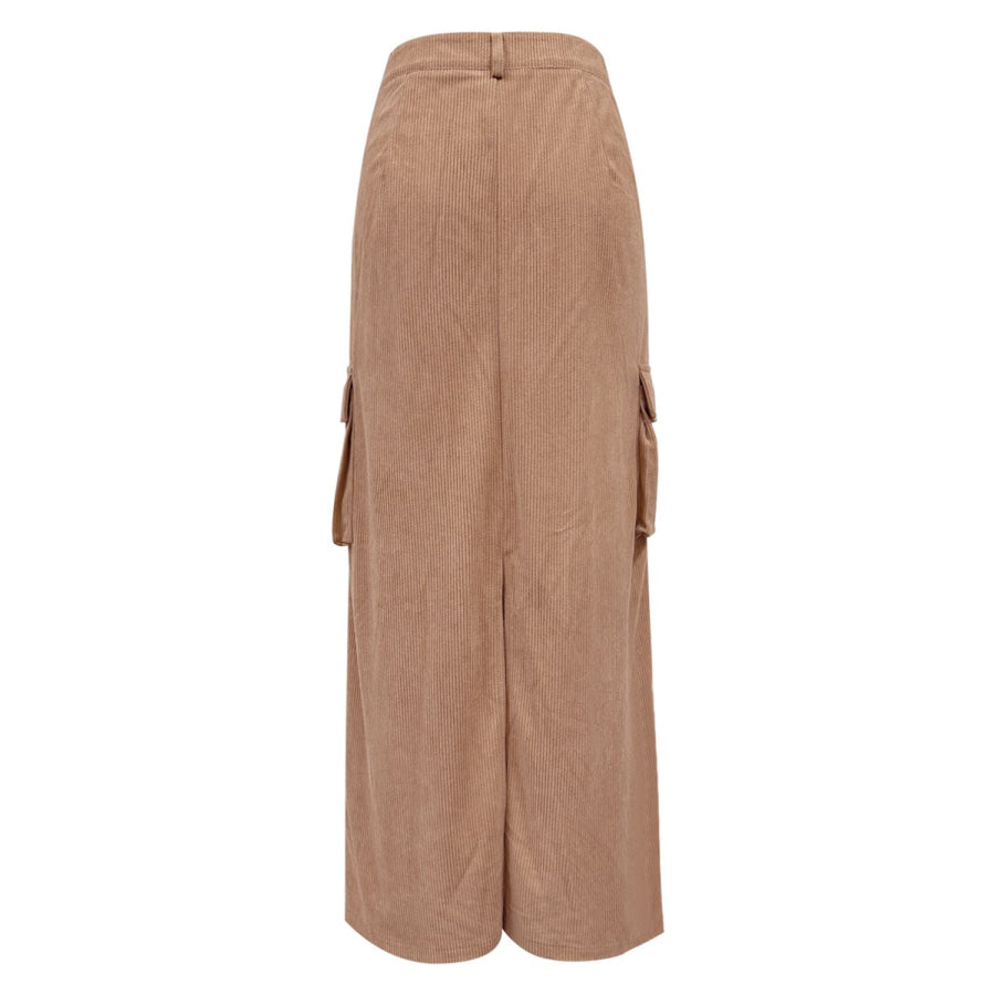 Slit Corduroy Maxi Skirt with Pockets Apparel and Accessories