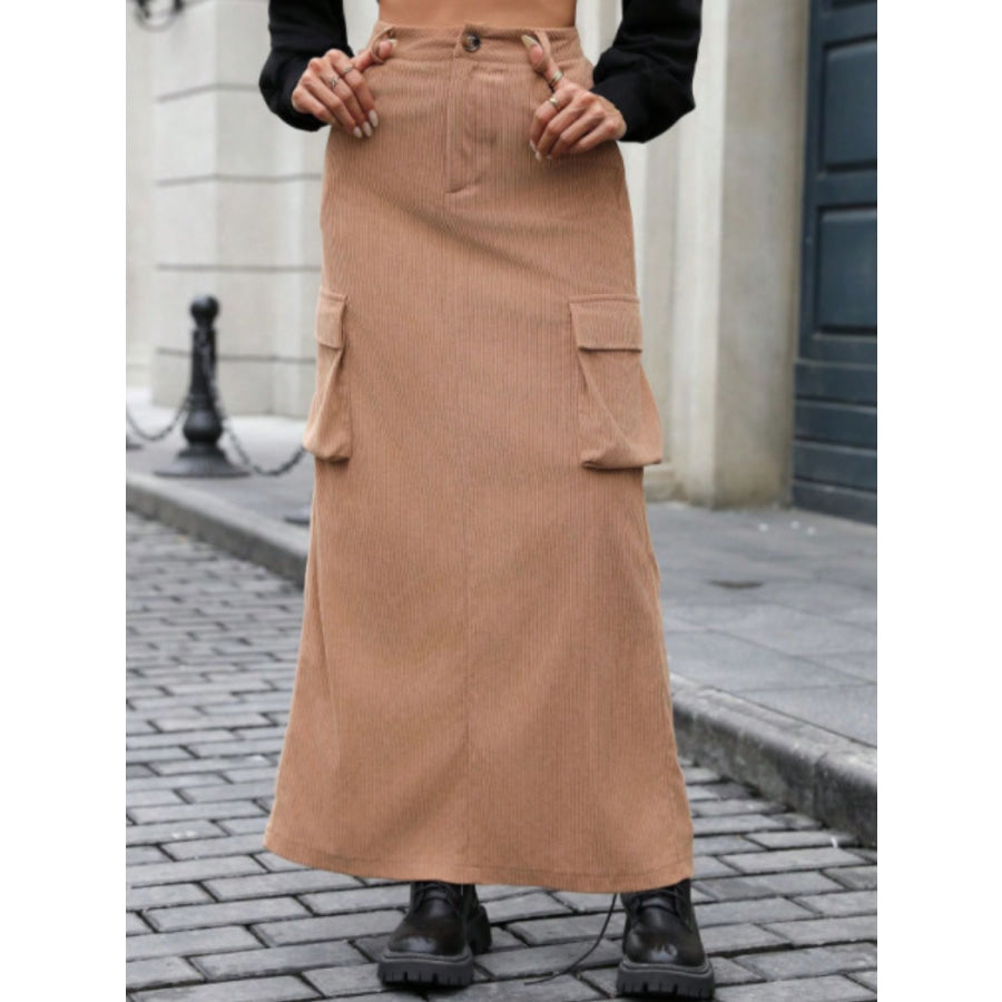 Slit Corduroy Maxi Skirt with Pockets Camel / S Apparel and Accessories