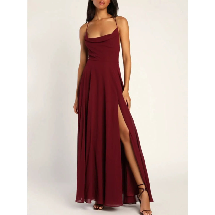 Slit Cowl Neck Maxi Dress Wine Red / S Apparel and Accessories