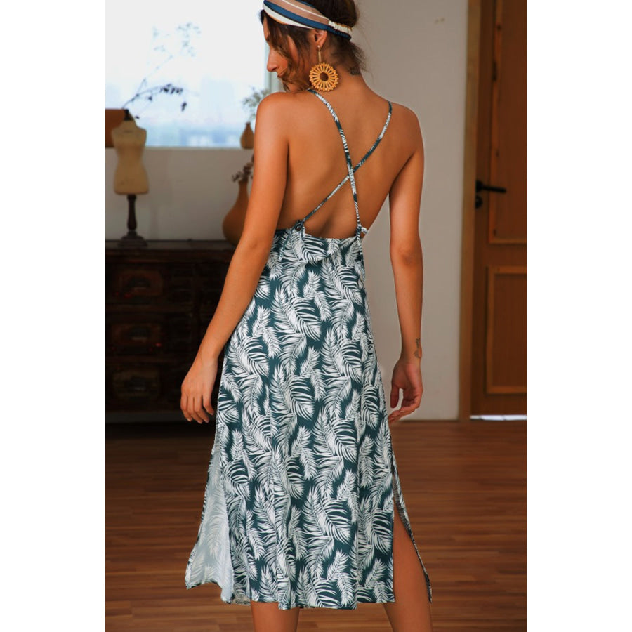 Slit Crisscross Printed Sleeveless Cami Dress Apparel and Accessories