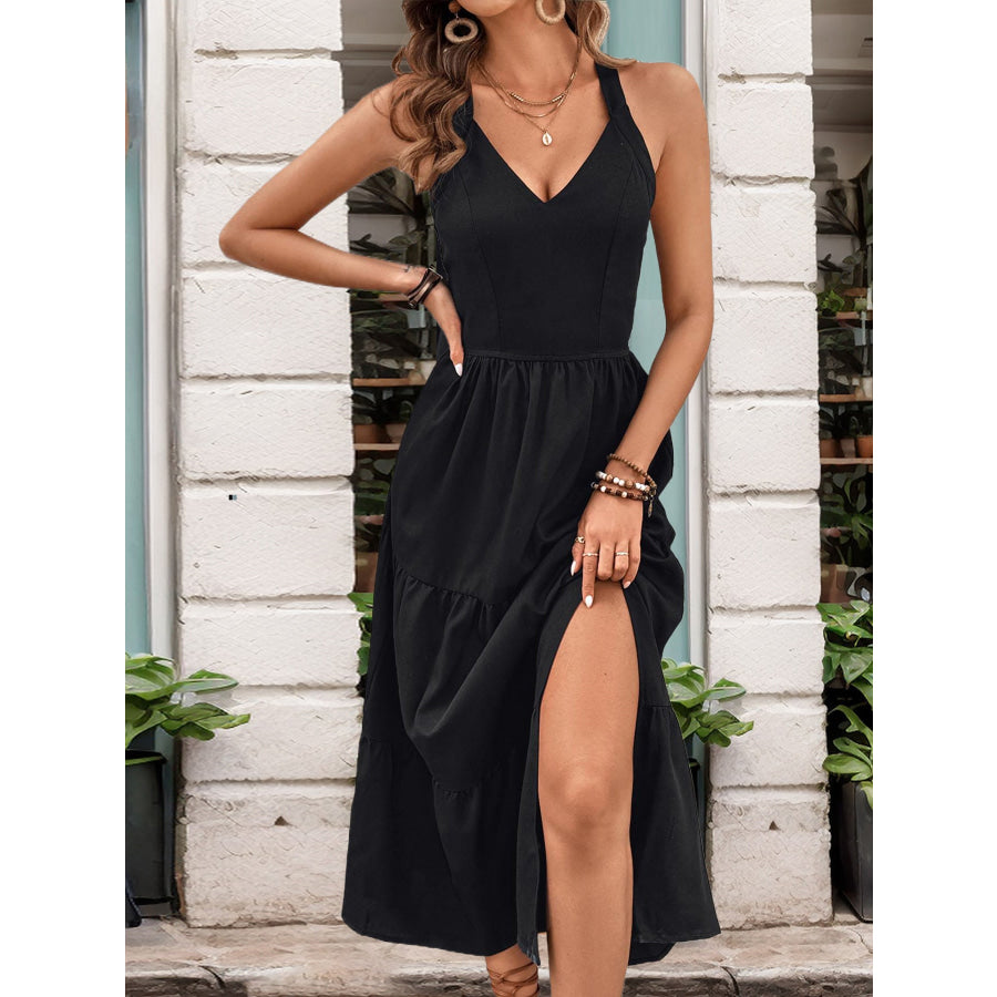 Slit Crisscross V-Neck Midi Dress Apparel and Accessories