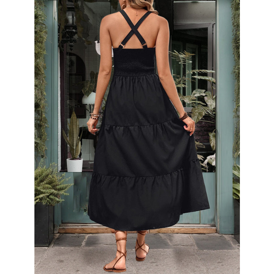 Slit Crisscross V-Neck Midi Dress Black / S Apparel and Accessories