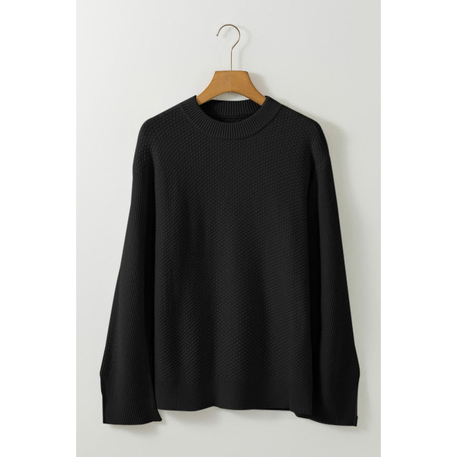 Slit Cuff Round Neck Long Sleeve Sweater Apparel and Accessories