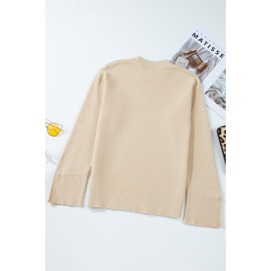 Slit Cuff Round Neck Long Sleeve Sweater Apparel and Accessories