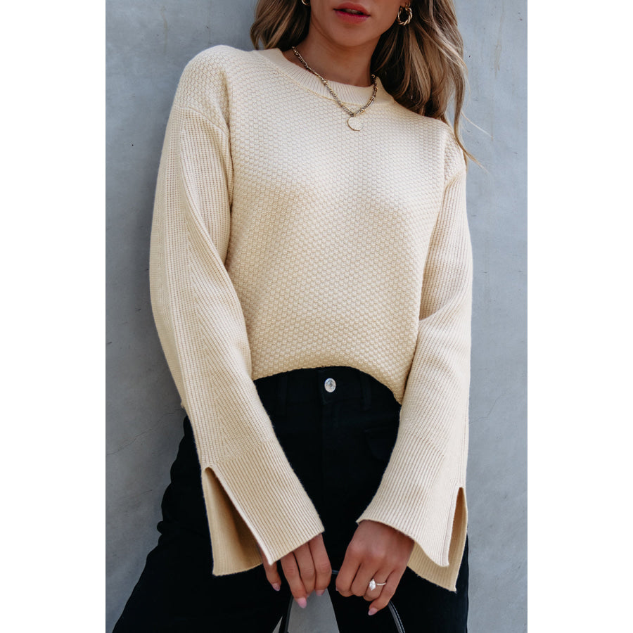 Slit Cuff Round Neck Long Sleeve Sweater Apparel and Accessories