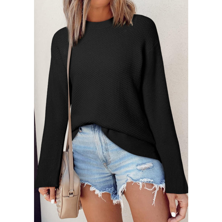 Slit Cuff Round Neck Long Sleeve Sweater Apparel and Accessories