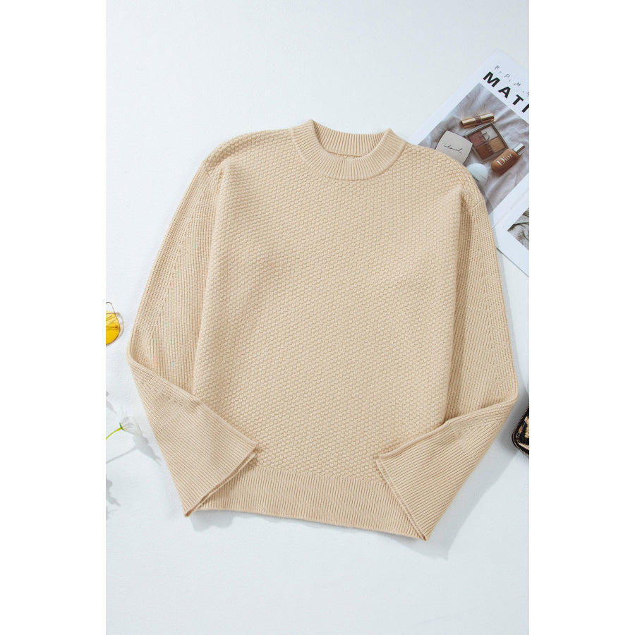 Slit Cuff Round Neck Long Sleeve Sweater Apparel and Accessories