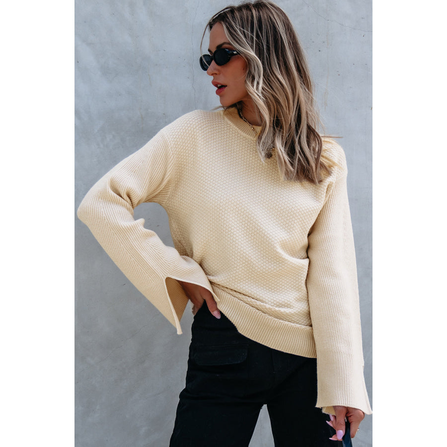 Slit Cuff Round Neck Long Sleeve Sweater Apparel and Accessories