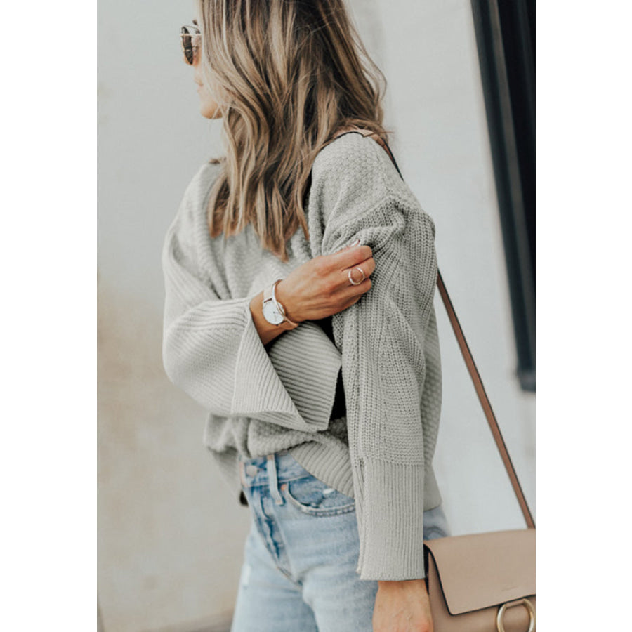 Slit Cuff Round Neck Long Sleeve Sweater Apparel and Accessories