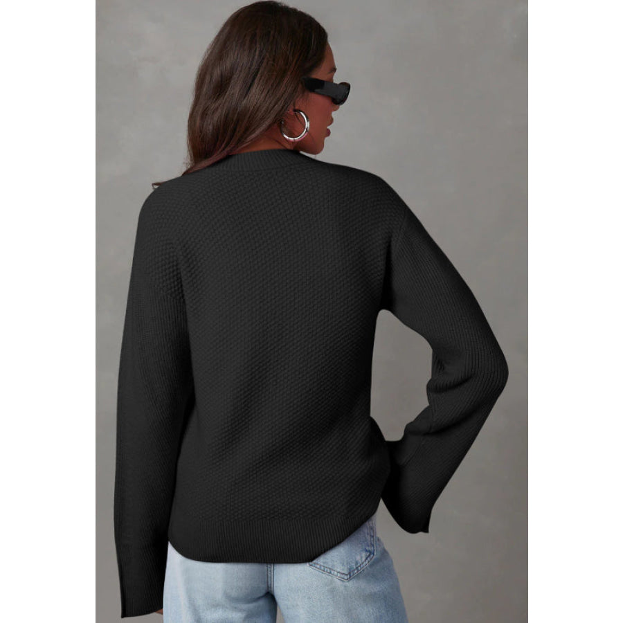 Slit Cuff Round Neck Long Sleeve Sweater Apparel and Accessories