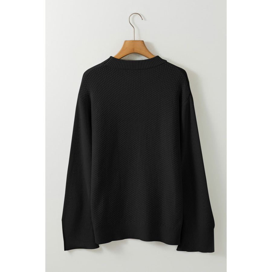 Slit Cuff Round Neck Long Sleeve Sweater Apparel and Accessories