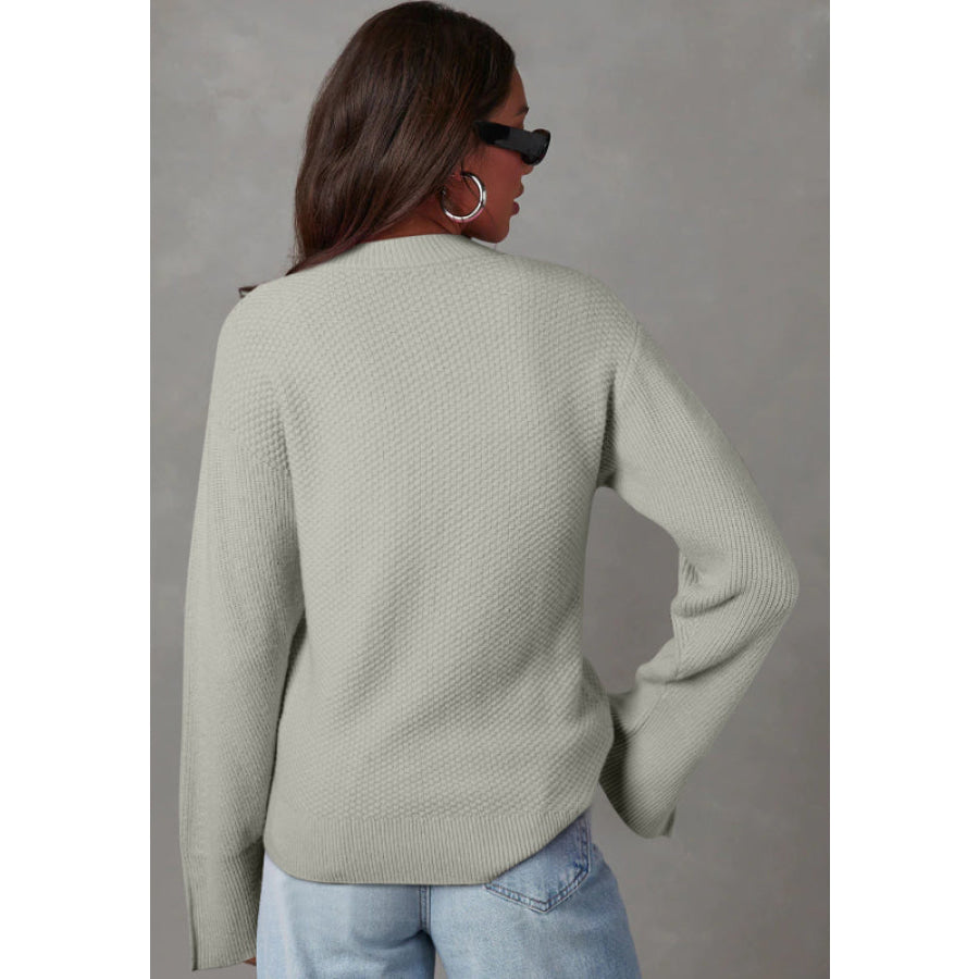 Slit Cuff Round Neck Long Sleeve Sweater Apparel and Accessories