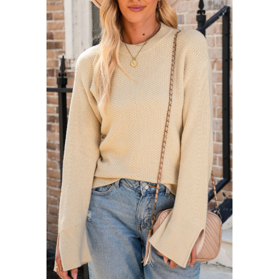 Slit Cuff Round Neck Long Sleeve Sweater Beige / S Apparel and Accessories