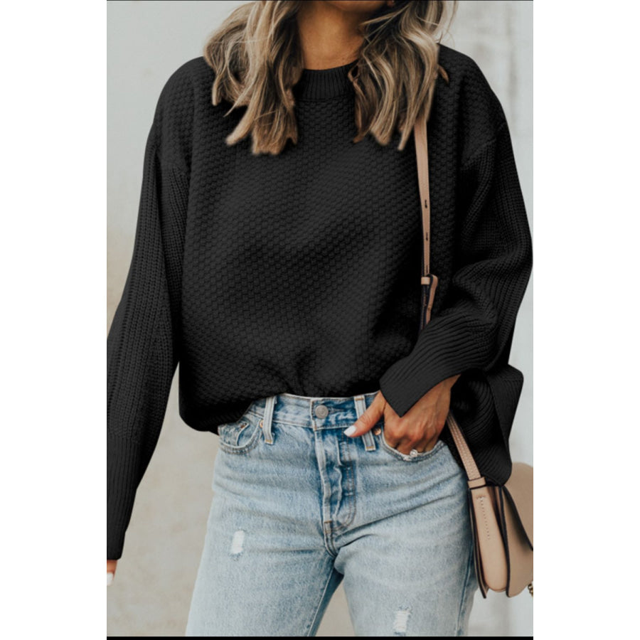 Slit Cuff Round Neck Long Sleeve Sweater Black / S Apparel and Accessories