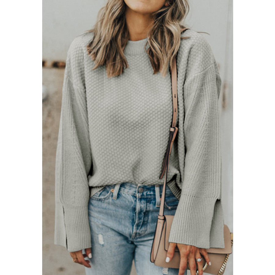 Slit Cuff Round Neck Long Sleeve Sweater Gray / S Apparel and Accessories