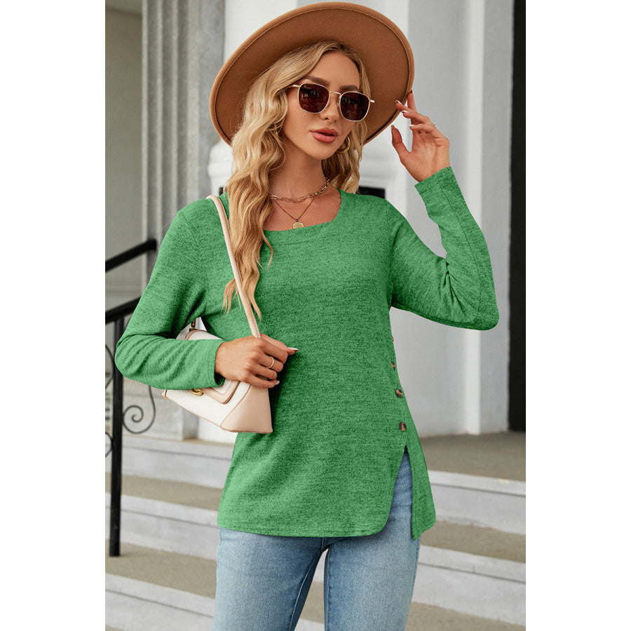 Slit Decorative Button Square Neck T - Shirt Apparel and Accessories